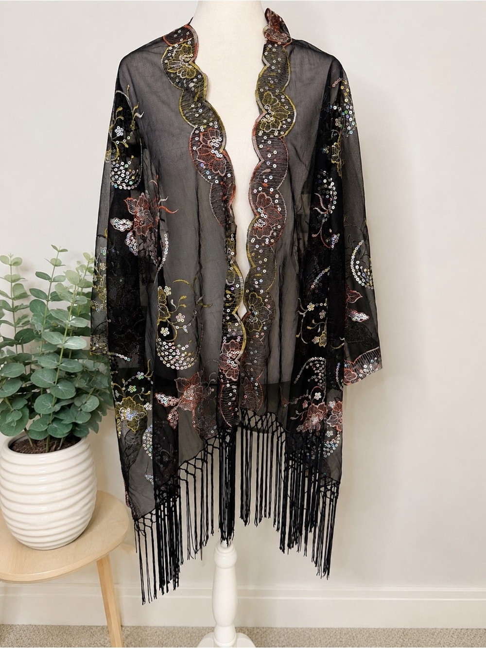 New boho Sheer Black Floral Embroidered Fringe Kimono one size - Picture 3 of 7
